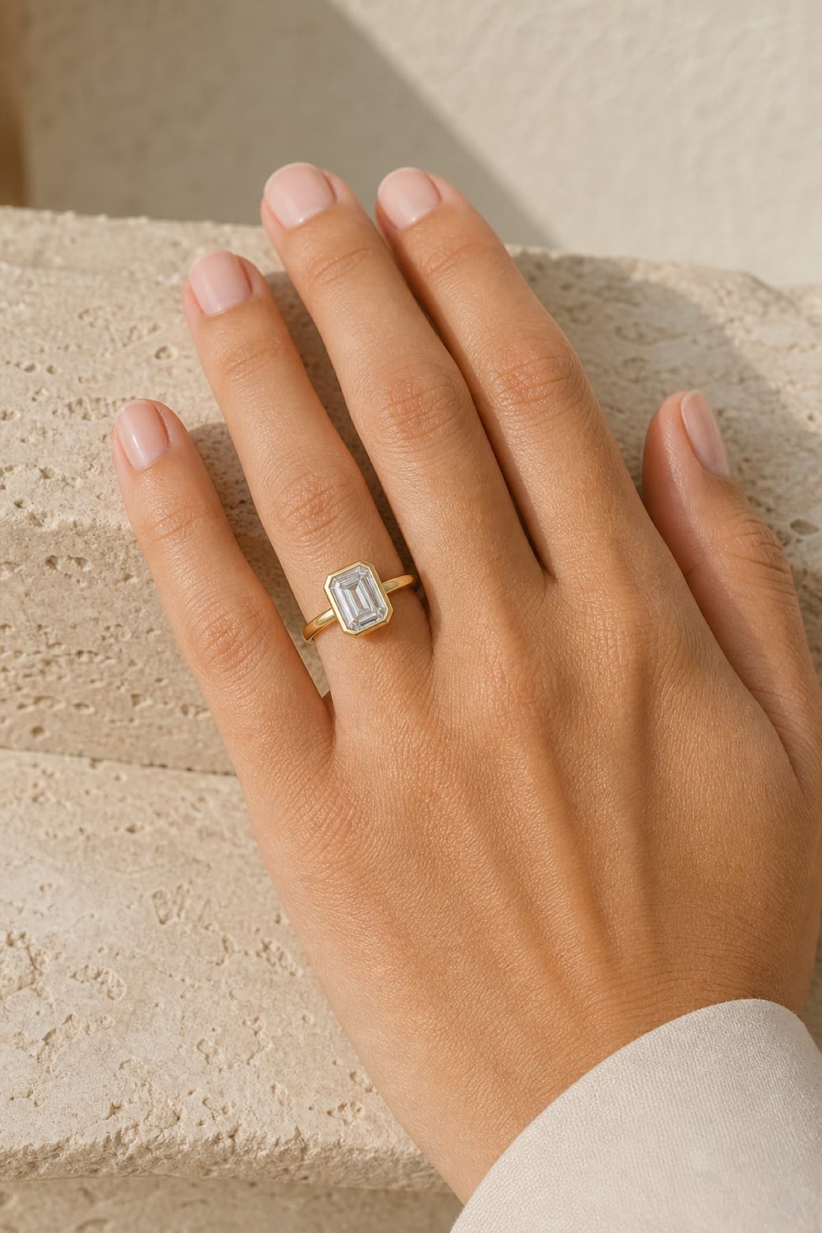 Emerald bezel engagement ring on a woman's left hand ring finger against warm travertine stone