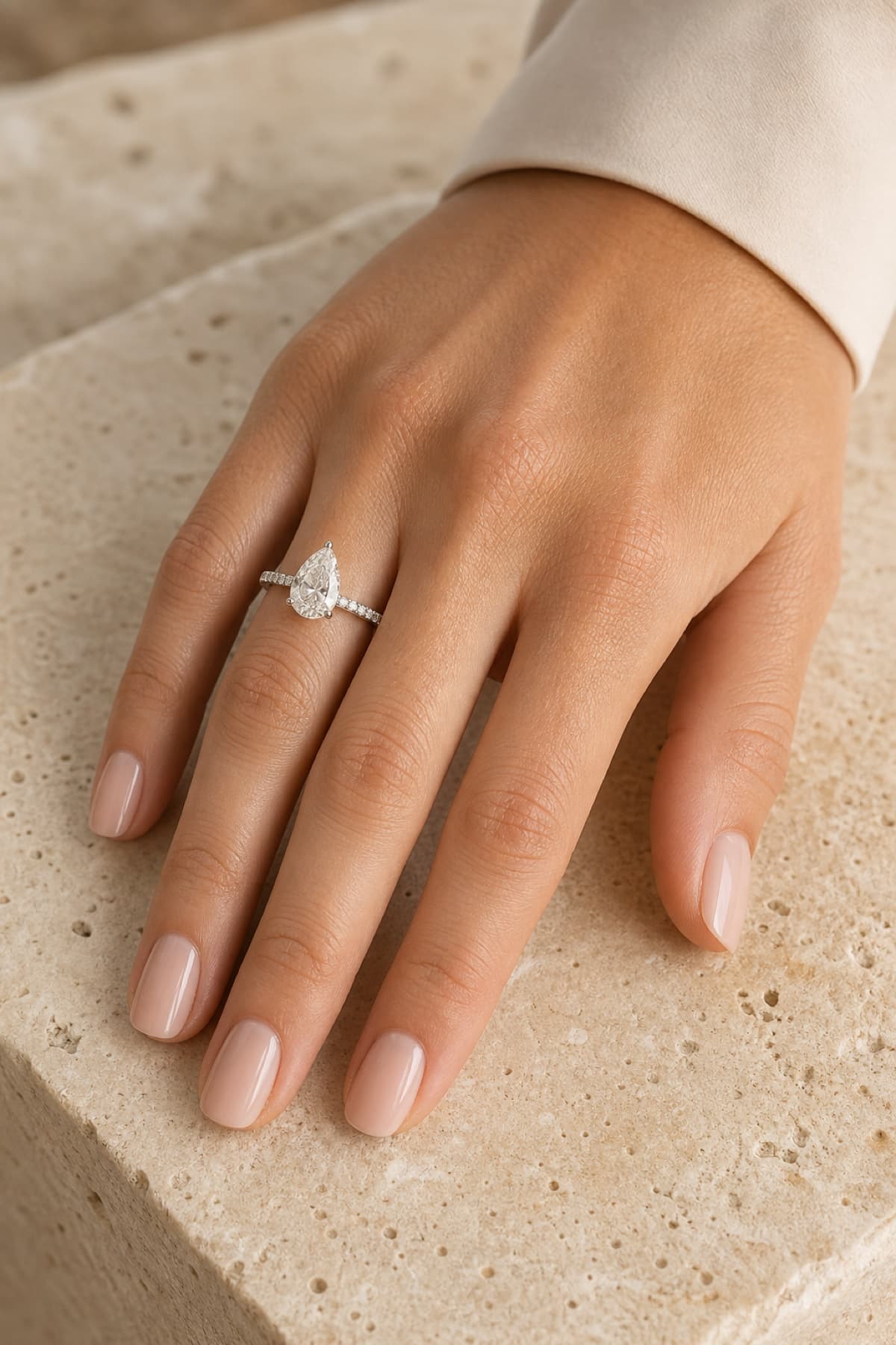 Pear pavé engagement ring on a woman's left hand ring finger in a warm jeweler's studio