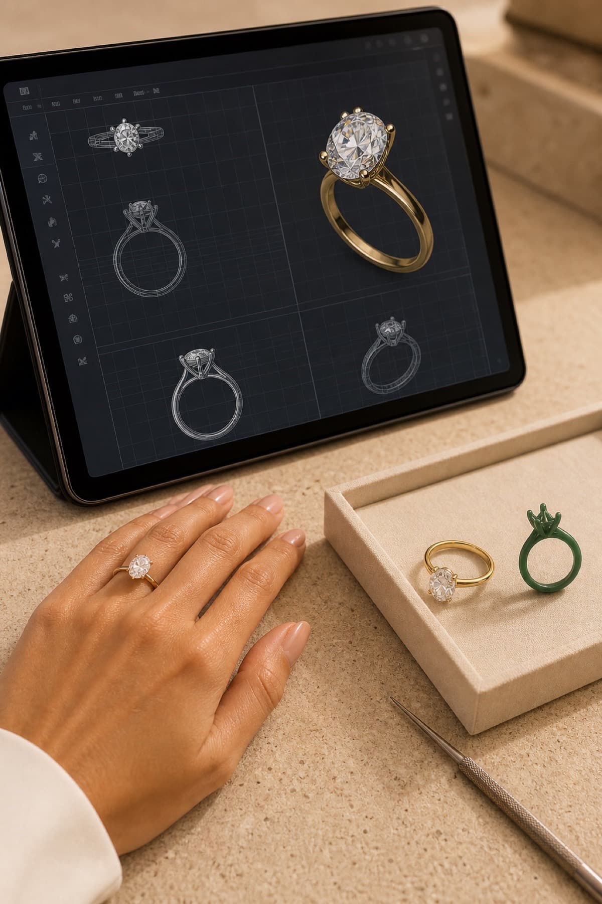 CAD ring design, ring prototypes, and a finished engagement ring in a private jeweler's studio
