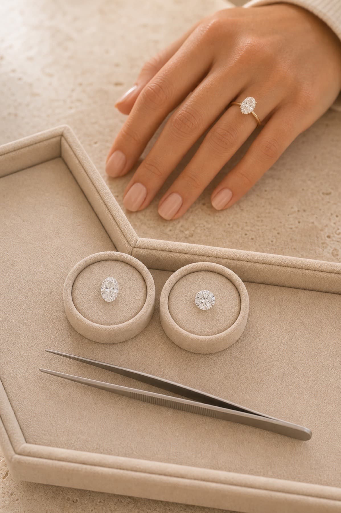 Two loose diamonds compared side by side next to a grading report in a jeweler's tray