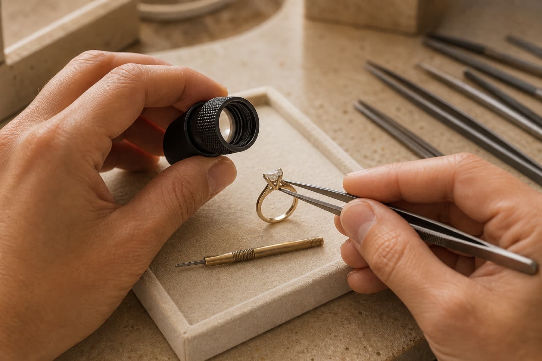 Jeweler's hands resetting an heirloom diamond in a private studio