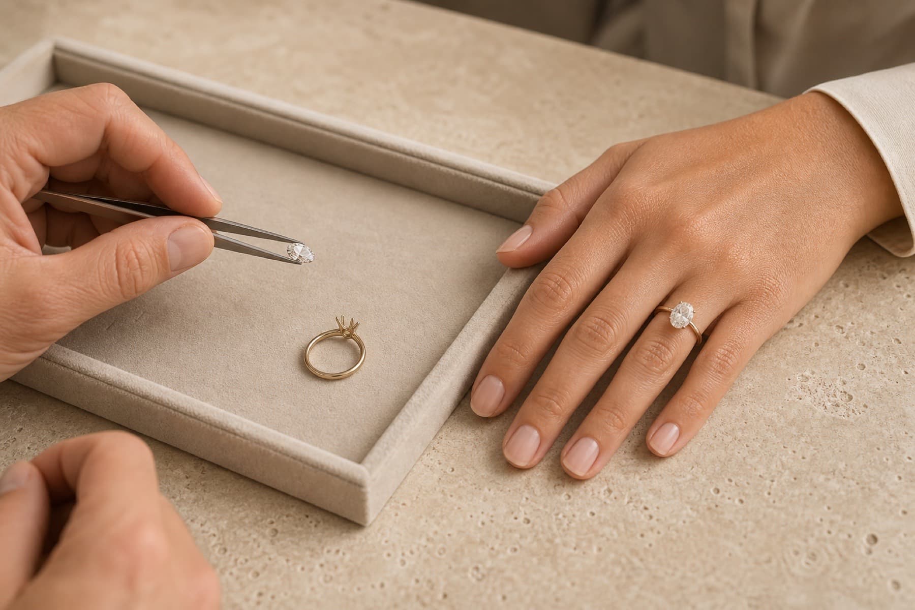 Private jeweler's studio consultation with diamond trays and ring inspiration