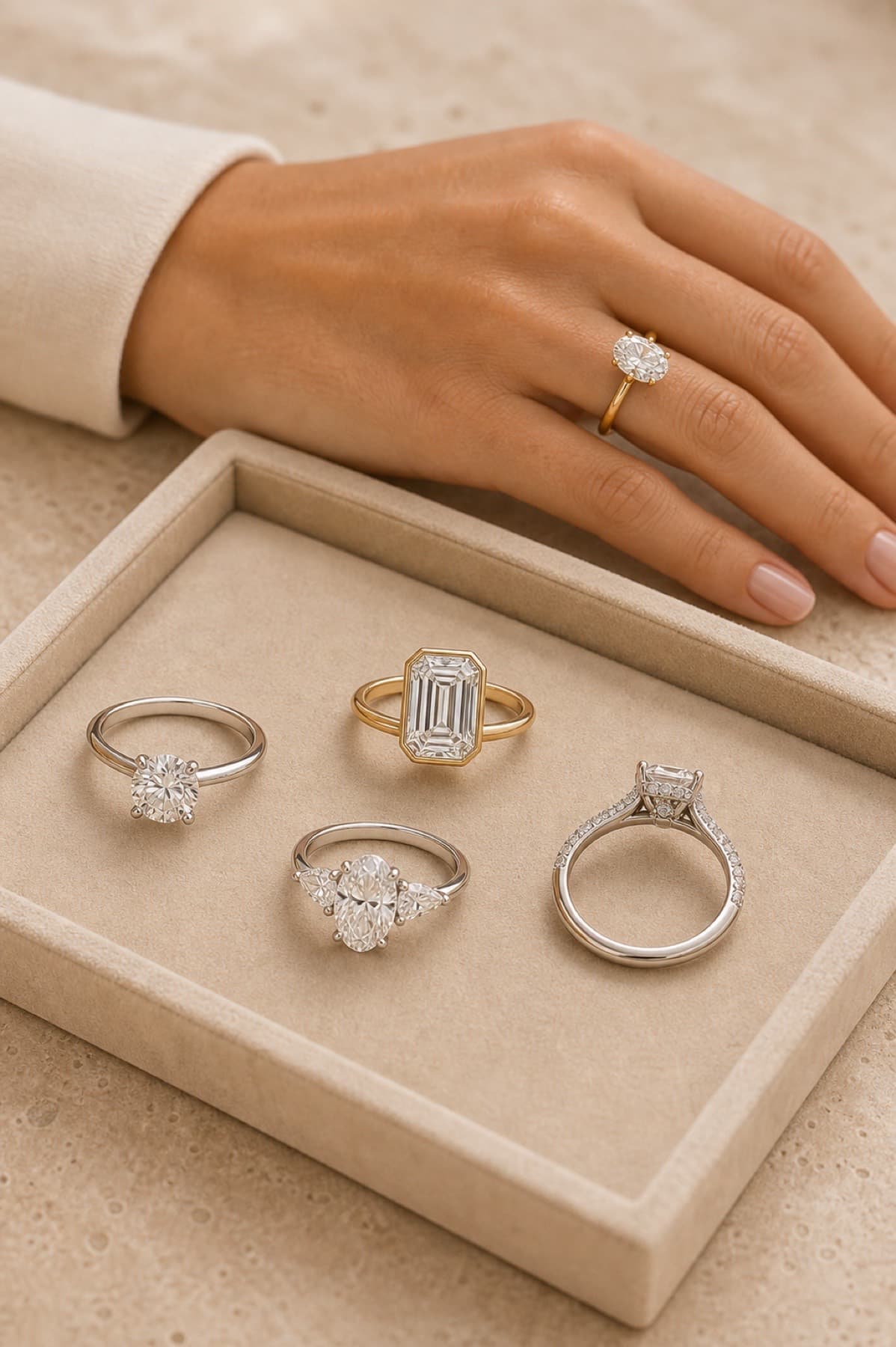 Engagement ring settings and jeweler tools arranged in a clean studio