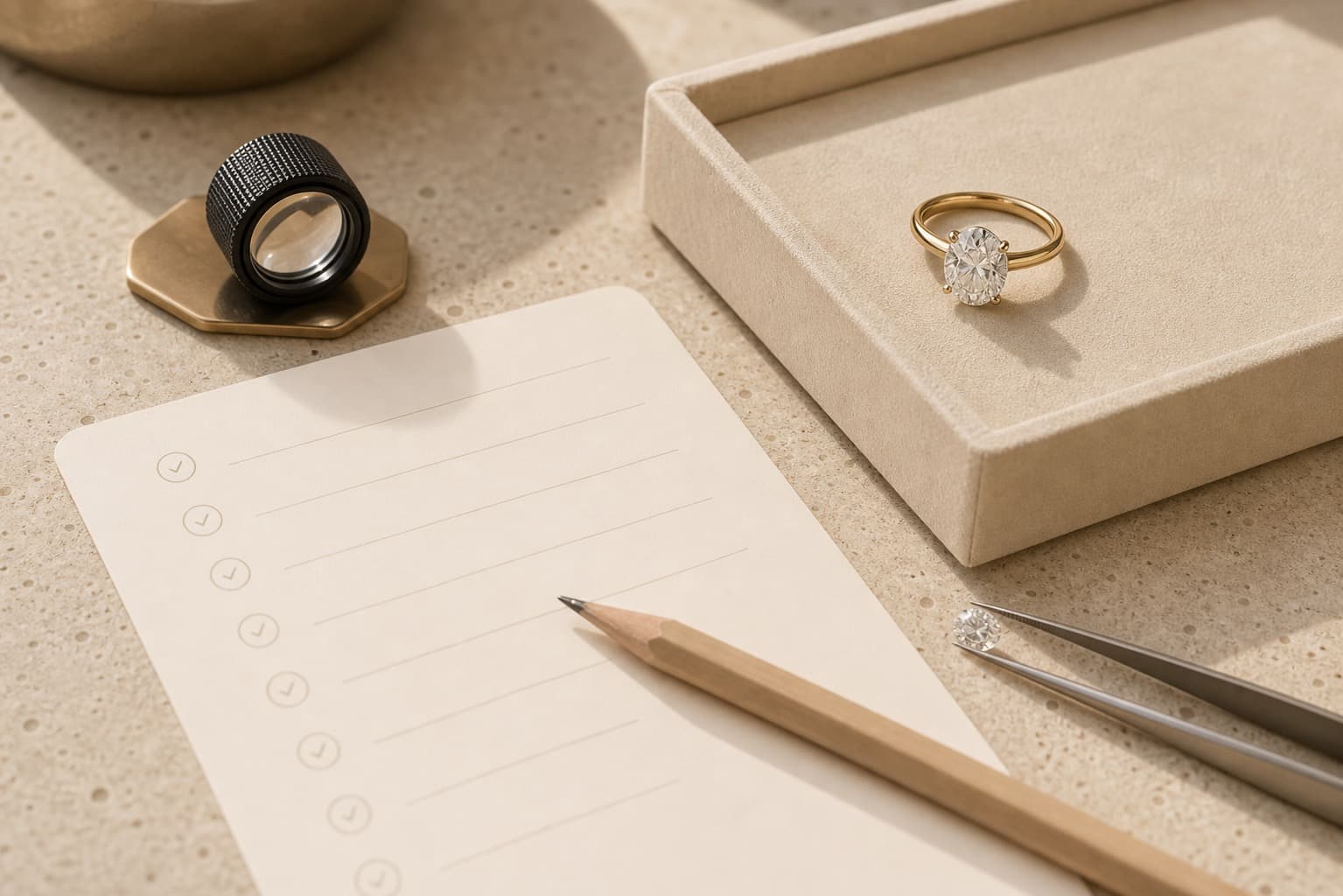 Engagement ring buying checklist with jeweler tools and a ring in a clean studio setting
