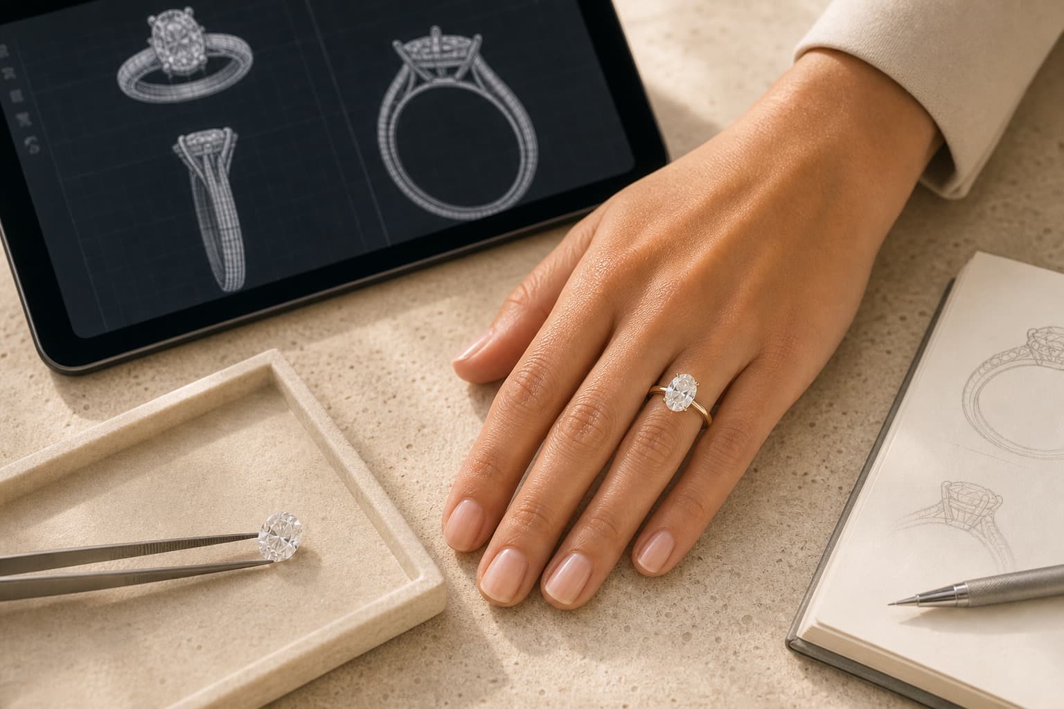 Jeweler's studio tabletop with a custom engagement ring, CAD sketch, and loose diamond