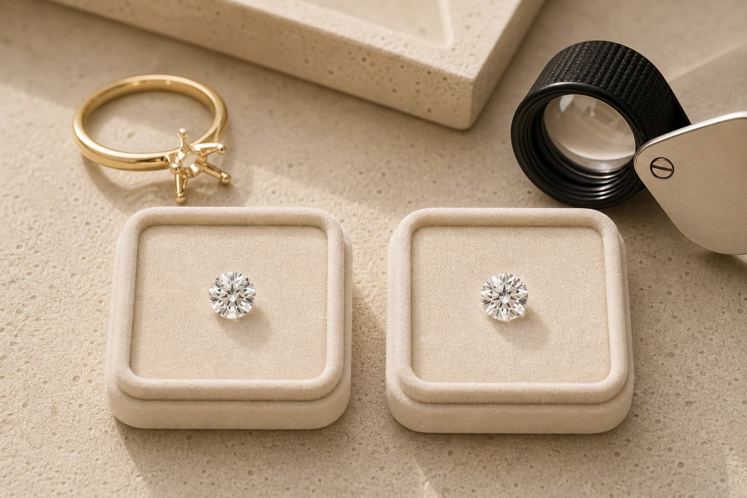 Natural and laboratory-grown diamond comparison trays in a warm jeweler's studio